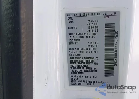 2021 Nissan Nv200 Compact Cargo Sv Xtronic Cvt z USA, uszkodzony, nr VIN 3N6CM0KN3MK707650